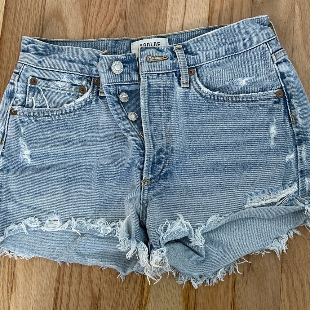 Agolde Light Blue Frayed Denim Shorts